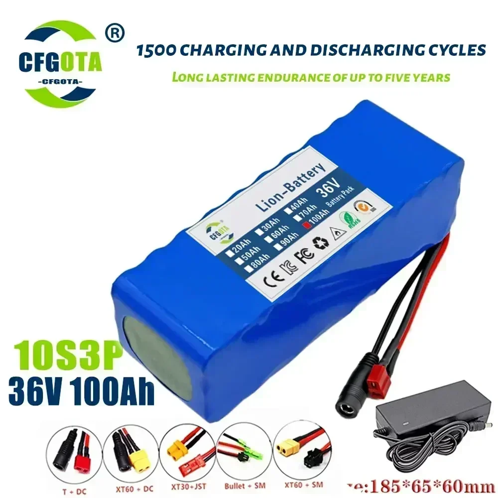 36V 100Ah 18650 battery pack 10S3P 100000mAh built-in 15A BMS, 250W-500W scooter, electric bicycle battery + 42V 2a charger