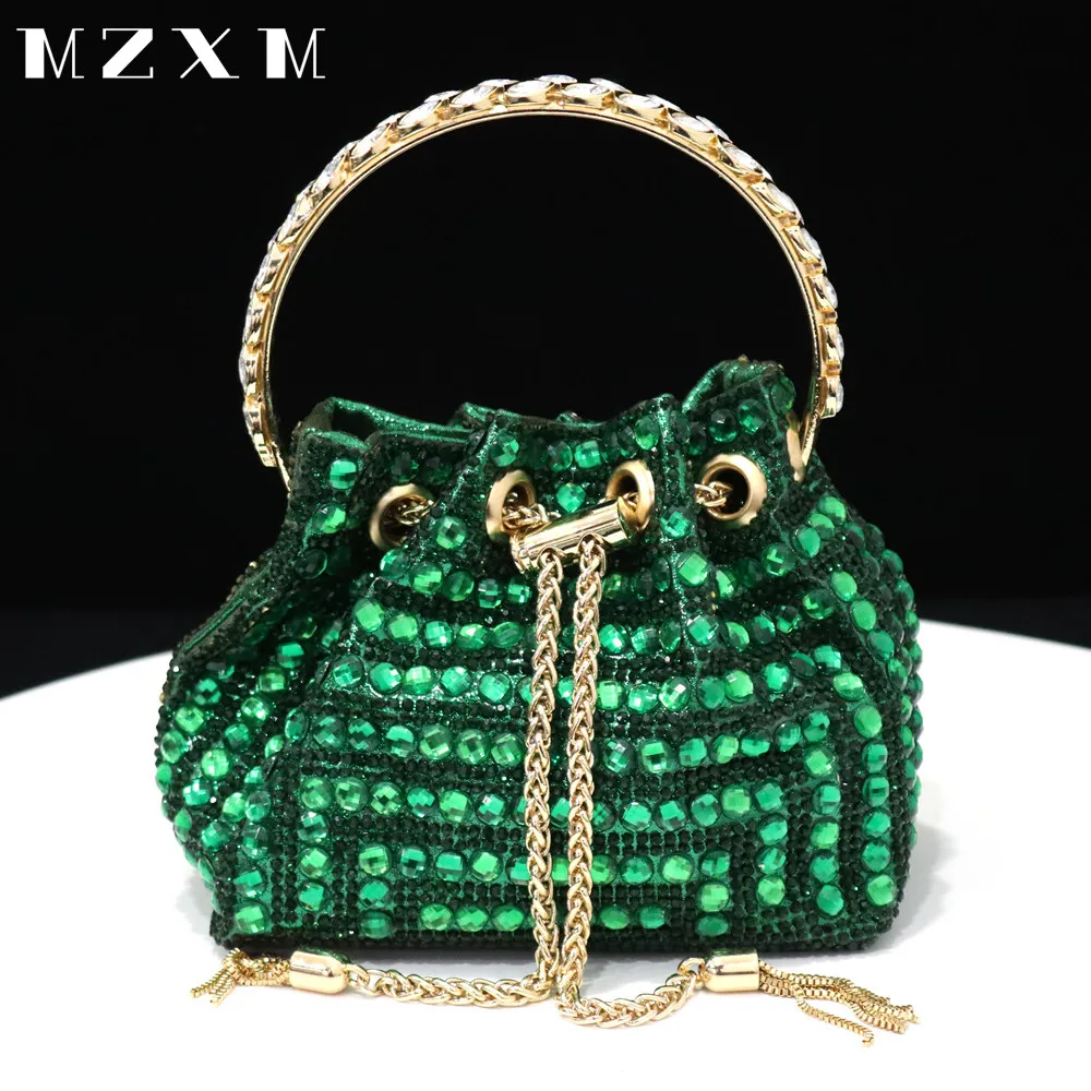 New Rhinestones Women Evening Bags Bucket Design Party Day Clutch Soft Mixed Color Shoulder Chain Handbags Purse