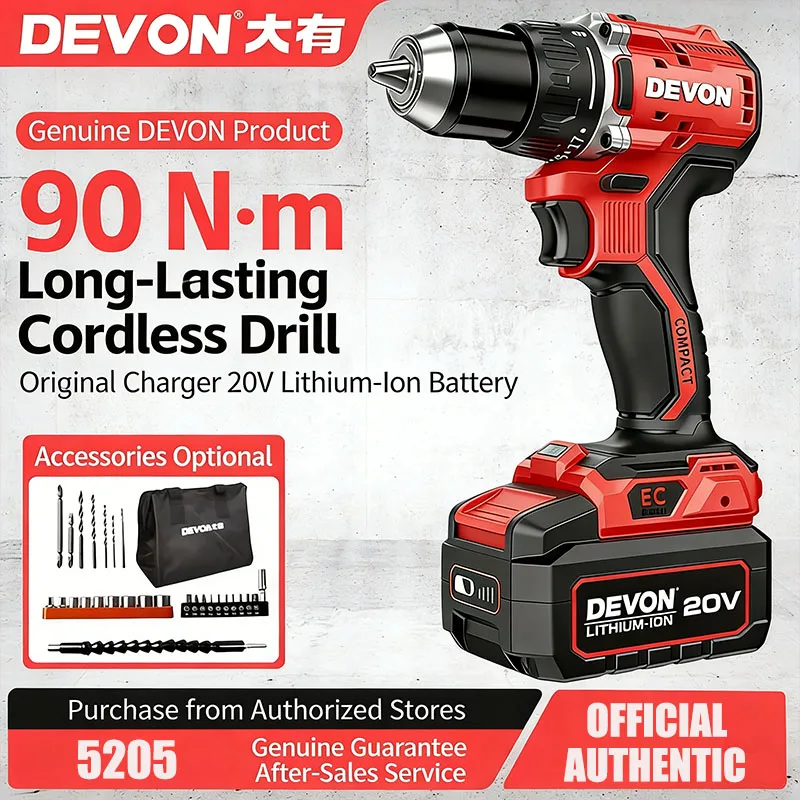 

Devon 5205 Electric Impact Drill Lithium Battery Brushless Impact Drill Long Endurance Three Levels 90 Torque Electric Drill