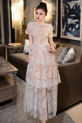 Luxury Long Dresses Women Summer Short Sleeve Crystal Beading Embroidery Floral Lace Maxi Cake Dress Evening Party Robe