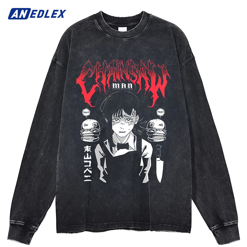 

Hip Hop Streetwear Men Washed T Shirt Japanese Anime Girl Print T-Shirt Long Sleeve Cotton Oversize Tshirt Harajuku Vintage Tops