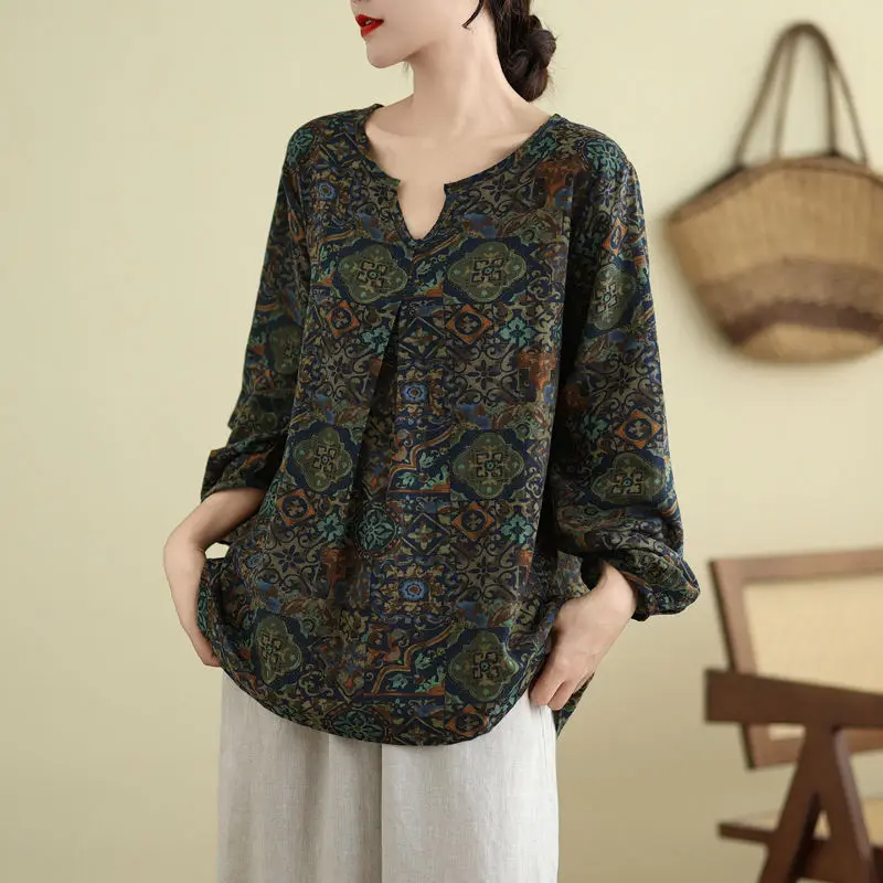 Chinese style  Autumn Women's Cotton hemp V-Neck Printing Vintage Fashion Indie Folk Long Sleeve Loose Pullovers T-Shirts Tops