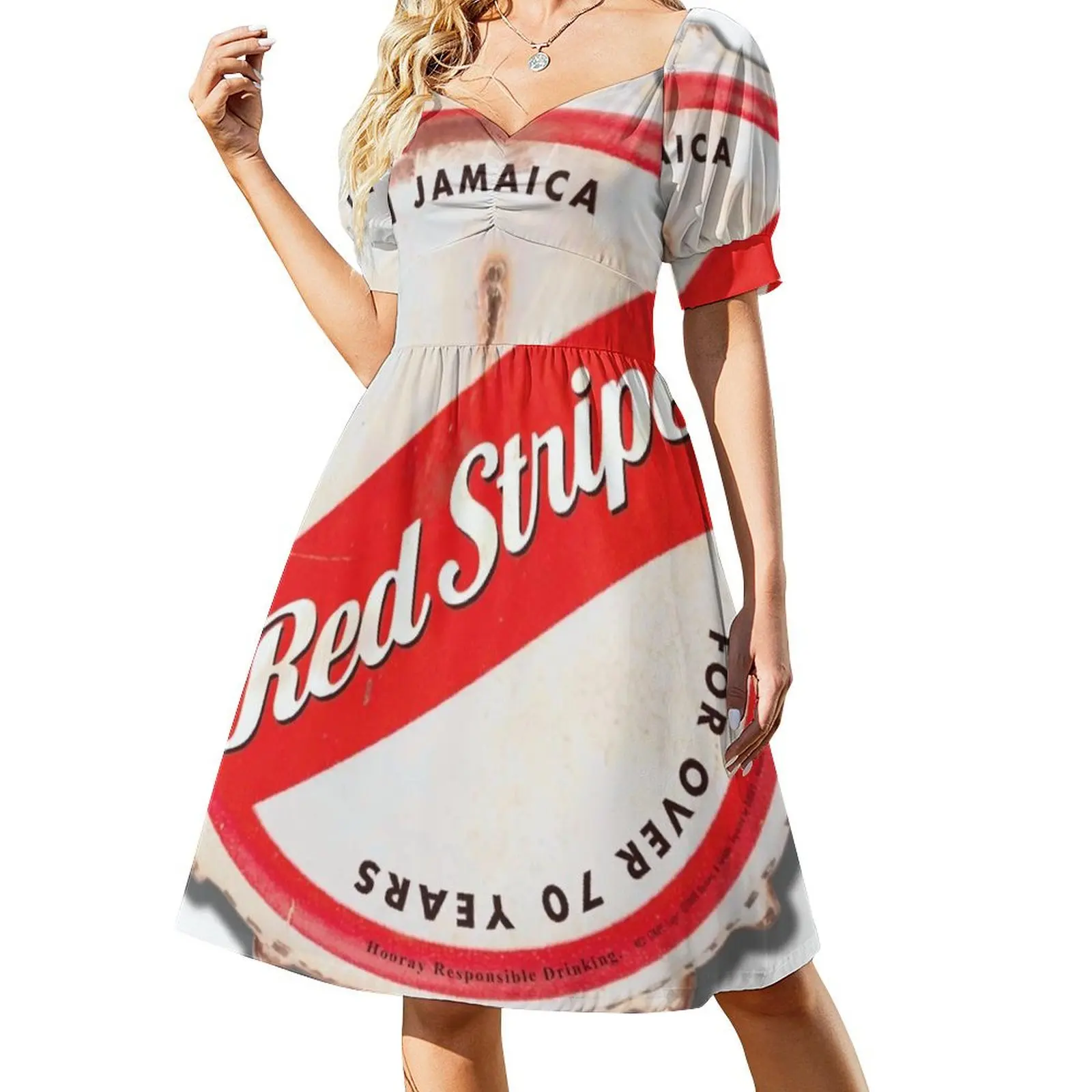 

Red Stripe Bottle Cap Short Sleeved Dress prom dress evening dress women