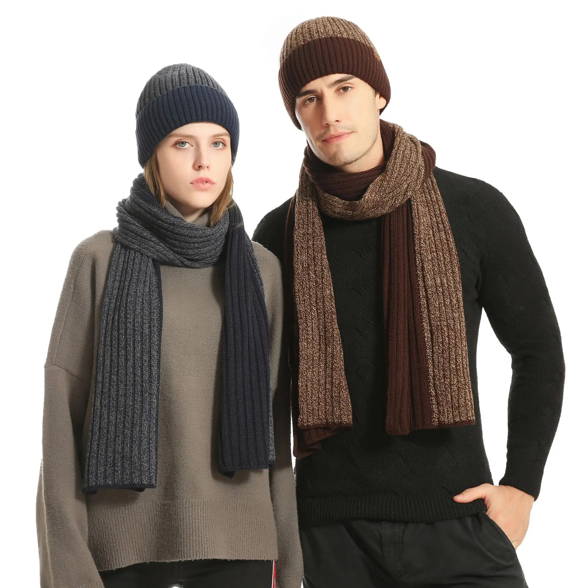 Herren Herbst Winter warm halten Set Unisex Mütze Handschuhe Schal männlich Wollgarn gestrickt Schall dämpfer Frühling Herbst Kontrast farbe Hut