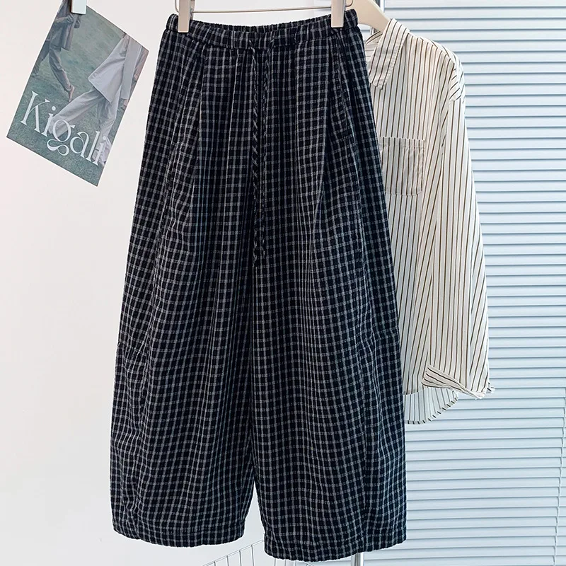Women Pants Plaid Capris Pocket Drawstring Empire Waist Ankle Length Wide Leg Pants Slight Strech Loose Fit Casual 2026 Summer