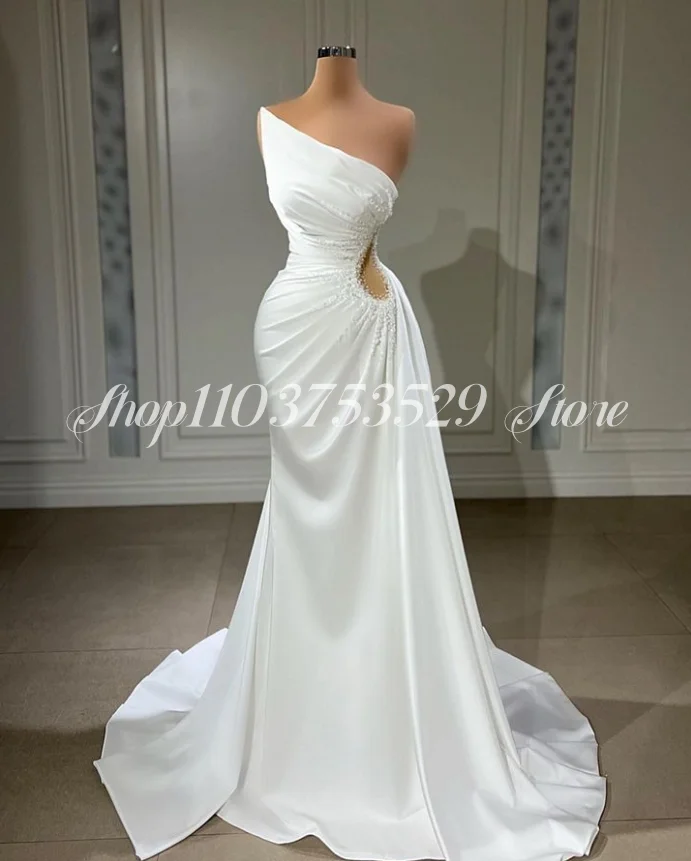 

Elegant Strapless Satin Wedding Dress 2025 Cutout Beaded Applique Mermaid Style Beach Dresses свадебное платье