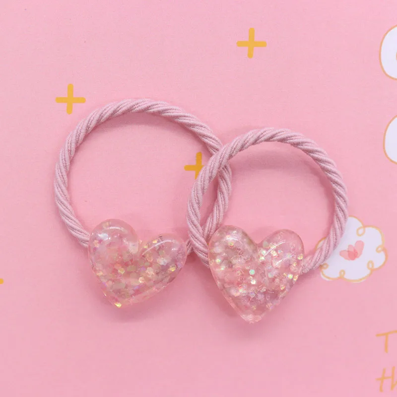 2Pcs/Set Glittering Love Resin Children\'s Rubber Bands Sweet Hair Accessories Baby Headband Kid Ponytail Holder Scrunchie