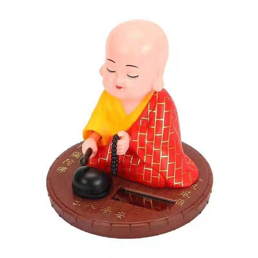 2024 Solar Automatic Knock Wooden Fish Small Buddhist Monk Figurines Statues Car Dash Board Home Office Decorations Toy Gift