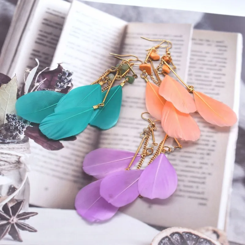 Fashion Feather Earrings for Women Boho Handmade Ultra Light Feather Tassel Long Drop Dangle Turquoise Earrings Party Jewelry