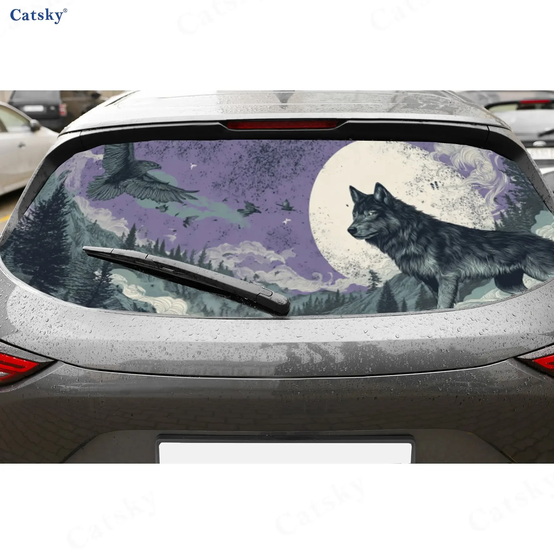 Moonlit Wolf & Eagle Dominance Scene PVC Perforated Car Vinyl Wraps, Durable Car Rear Windshield Sticker, Waterproof Car Rear Wi