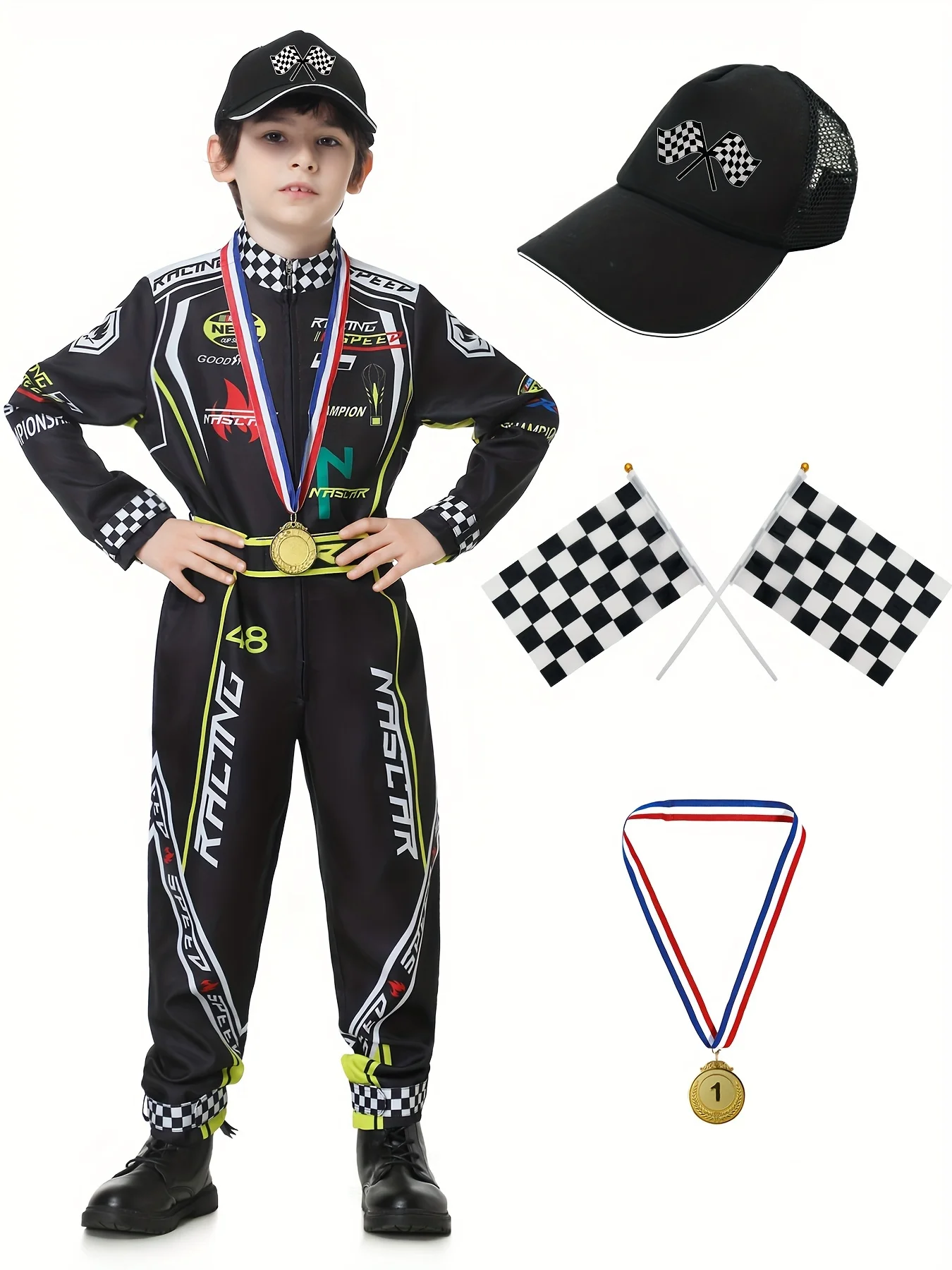 

Racing driver costume boys' racing jumpsuit 4pcs/set cosplay car hat children's Halloween costume racing suit set
