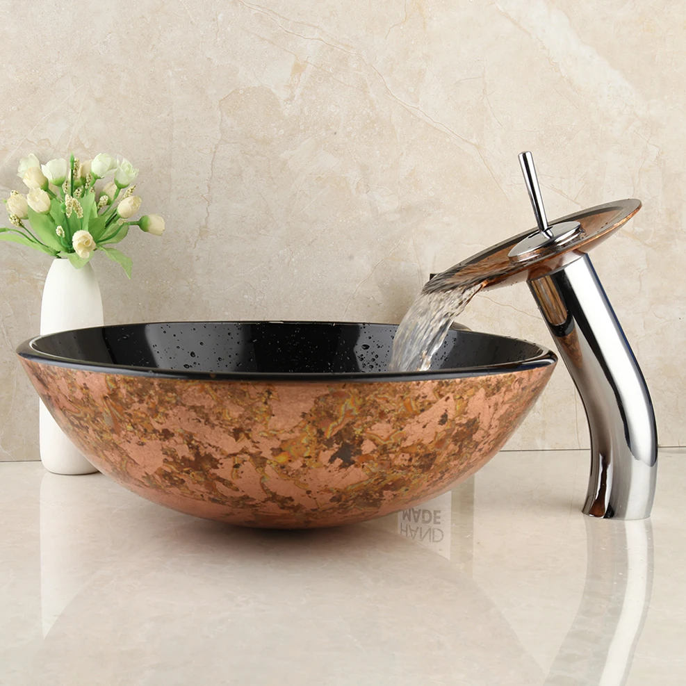 JIENI Countertop Basin Glass Sinks Bathroom Victory Vessel Washbasin Tempered Glass Sink With Chrome Waterfall Faucet Set