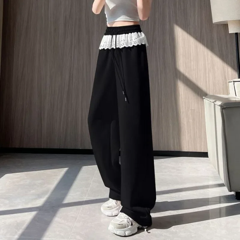الوردي الدانتيل الربط تصميم واسعة الساق السراويل النسائية فضفاضة عارضة Sweatpants ربيع جديد نمط التخسيس تأثير مريح صالح