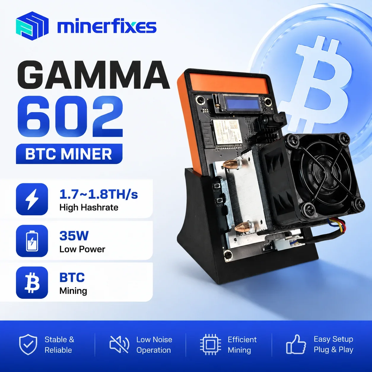 Minerfixes Bitaxe Gamma 602 Upgraded 1.7~1.8TH/s Bitcoin Crypto Miner SHA256 ASIC 35W Ultra Low Power Silent Solo Mining Machine