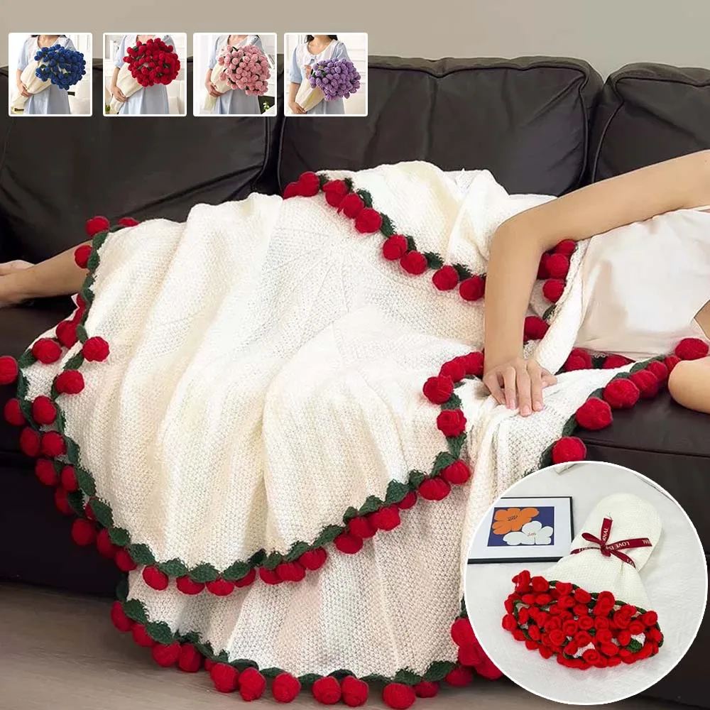 

60/80/110/160cm DIY Crocheted Rose Bouquet Blanket Soft Throw for Women Girlfriend Gift for Wedding New Year Valentine's Day