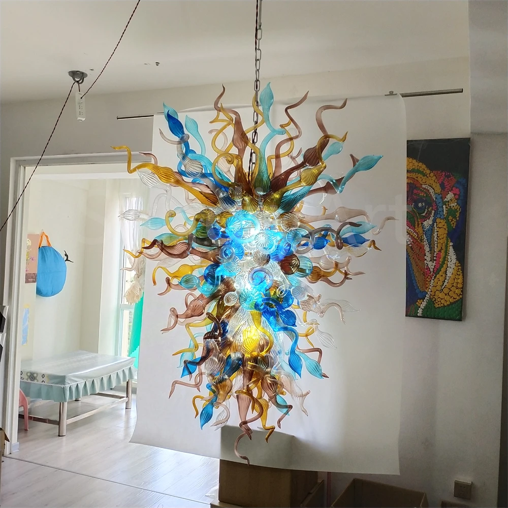 

Coffee color mixed blue blown glass chandelier chihuly style custom design for staircase