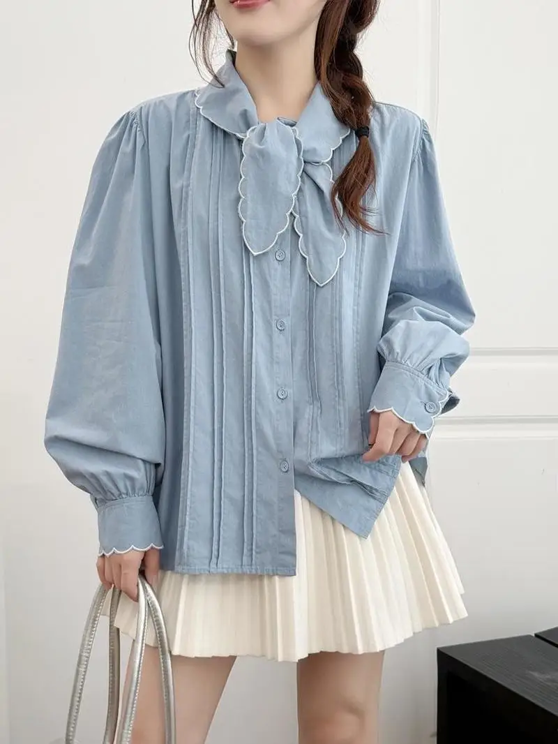 

New 2025 Winter Long Sleeve Denim Shirt, Women Bow Lace-up Fold Patchwork, Mori Girl French Age Reduction Loose Blouse T5N793CC