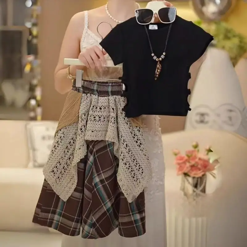 Children's Clothing Sets Black Short-sleeved Top + Checkered Asymmetrical Fringe Patchwork Skirt 2pcs Sets Toddler Girl Clothes