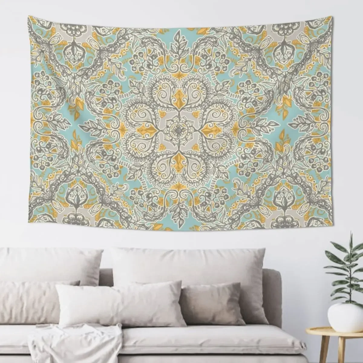 Gypsy Floral in Soft Neutrals, Grey & Yellow on Sage Tapestry Room Ornaments Room Design Cute Room Things Tapestry