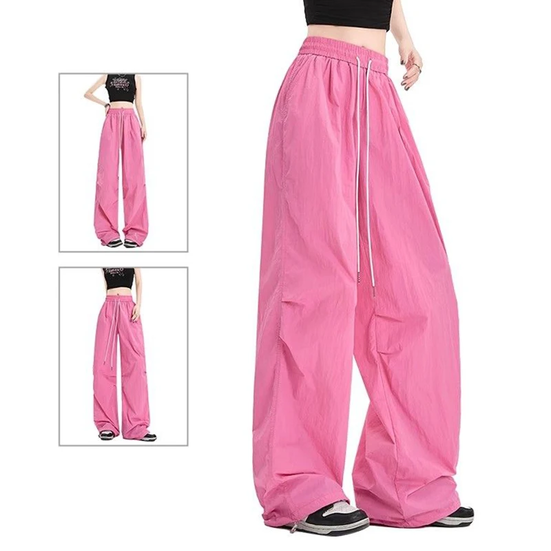

Шикарные розово-красные брюки с высокой талией для девочек, женские мешковатые повседневные прямые брюки, Лидер продаж, женские корейские однотонные брюки-карго