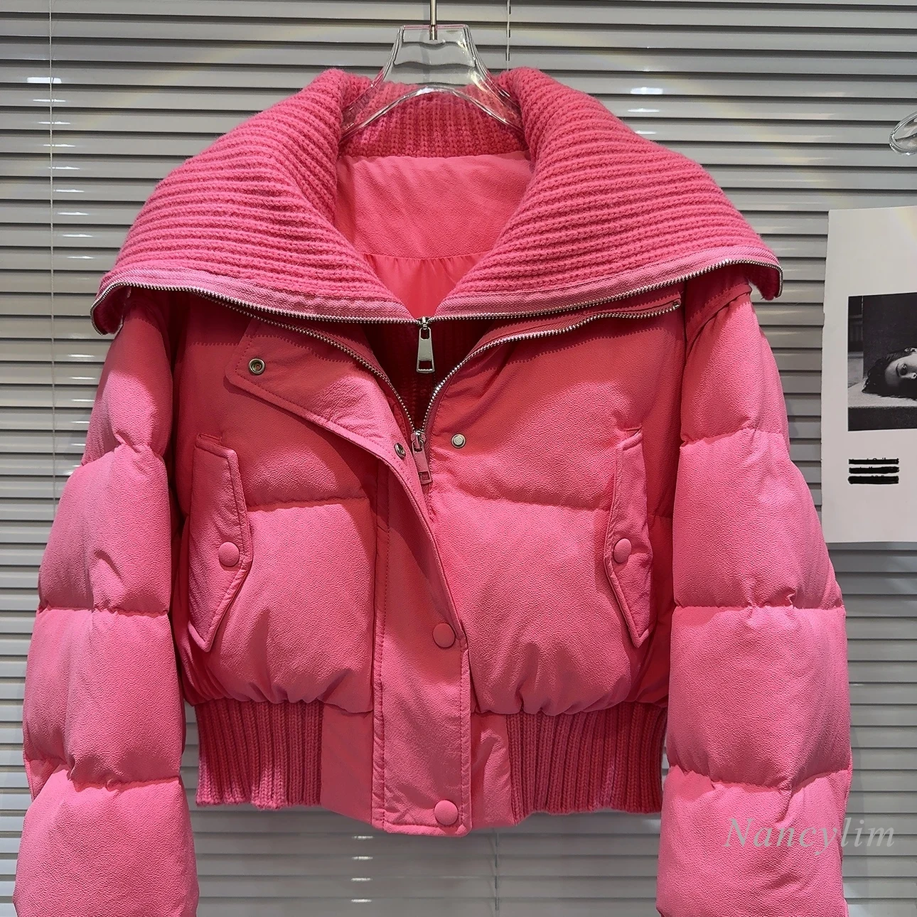 2023 Winter New Rose Pink Coat Women Knitted Collar Double Zipper Design Warm Down Liner Jacket Coat for Women