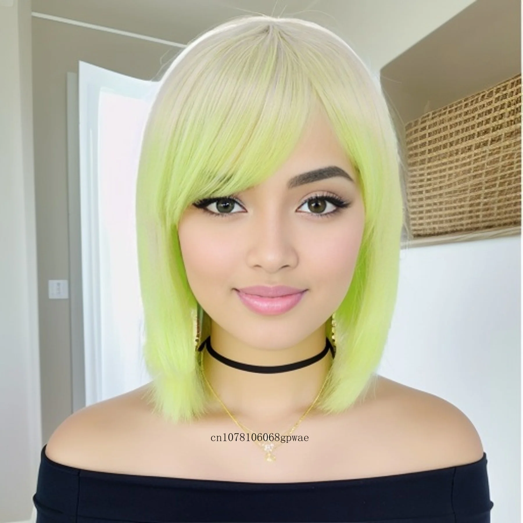 

Cosplay Wigs Short Ombre Green Synthetic Hair Bob Straight Wig with Bangs Halloween Costume Party Adjustable Cap Size for Women