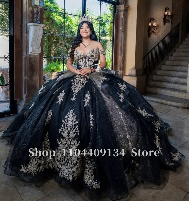 Black Gold Lace Applique Quinceanera Dress Off Shoulder Sparkle Tulle Ball Gown Sweet 16 Party Dress Customized платье