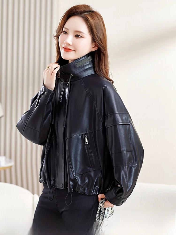   Giacca in Vera Pelle Ning per Donna, Cappotto in Pelle di Pecora, Gilet da Biker, Abbigliamento Casual Primaverile e Autunnale