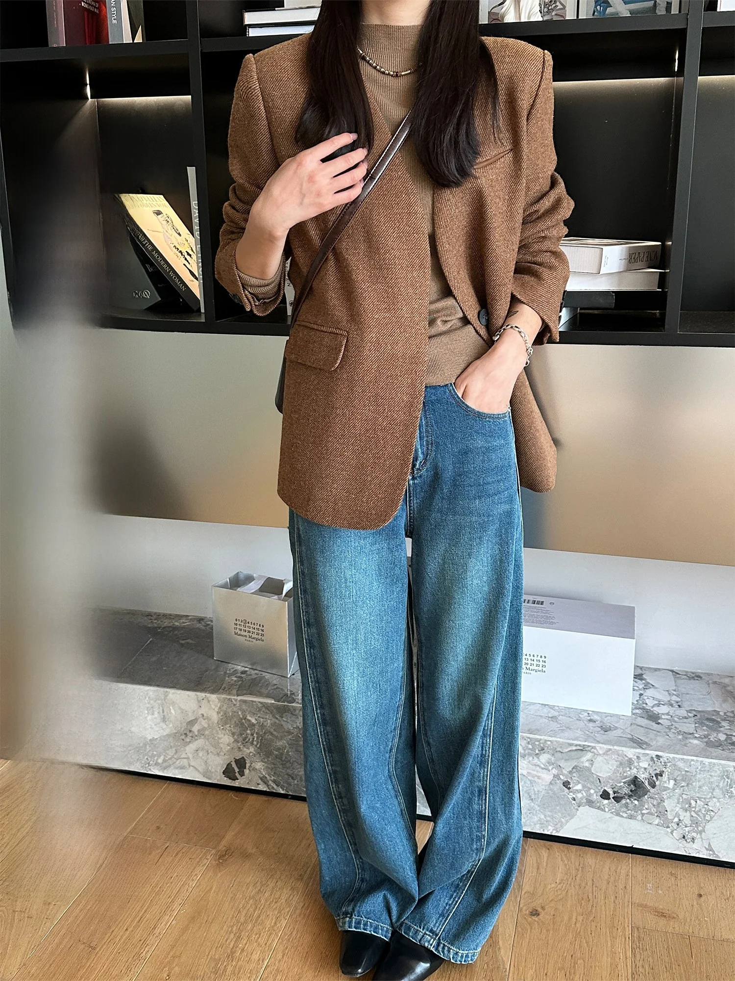 

Свободные прямые синие джинсы для женщин, укороченные, с высокой талией, широкие штанины, повседневные брюки, универсальные, стройнящие, на все случаи жизни