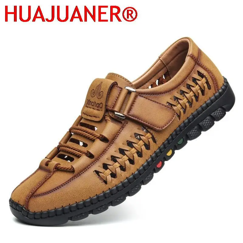 

2024 Summer Men Sandals Leisure Breathable Comfort Mens Beach Shoes Fashion Solid Hand Sewn Male Flat Casual NEW Leather Sandals