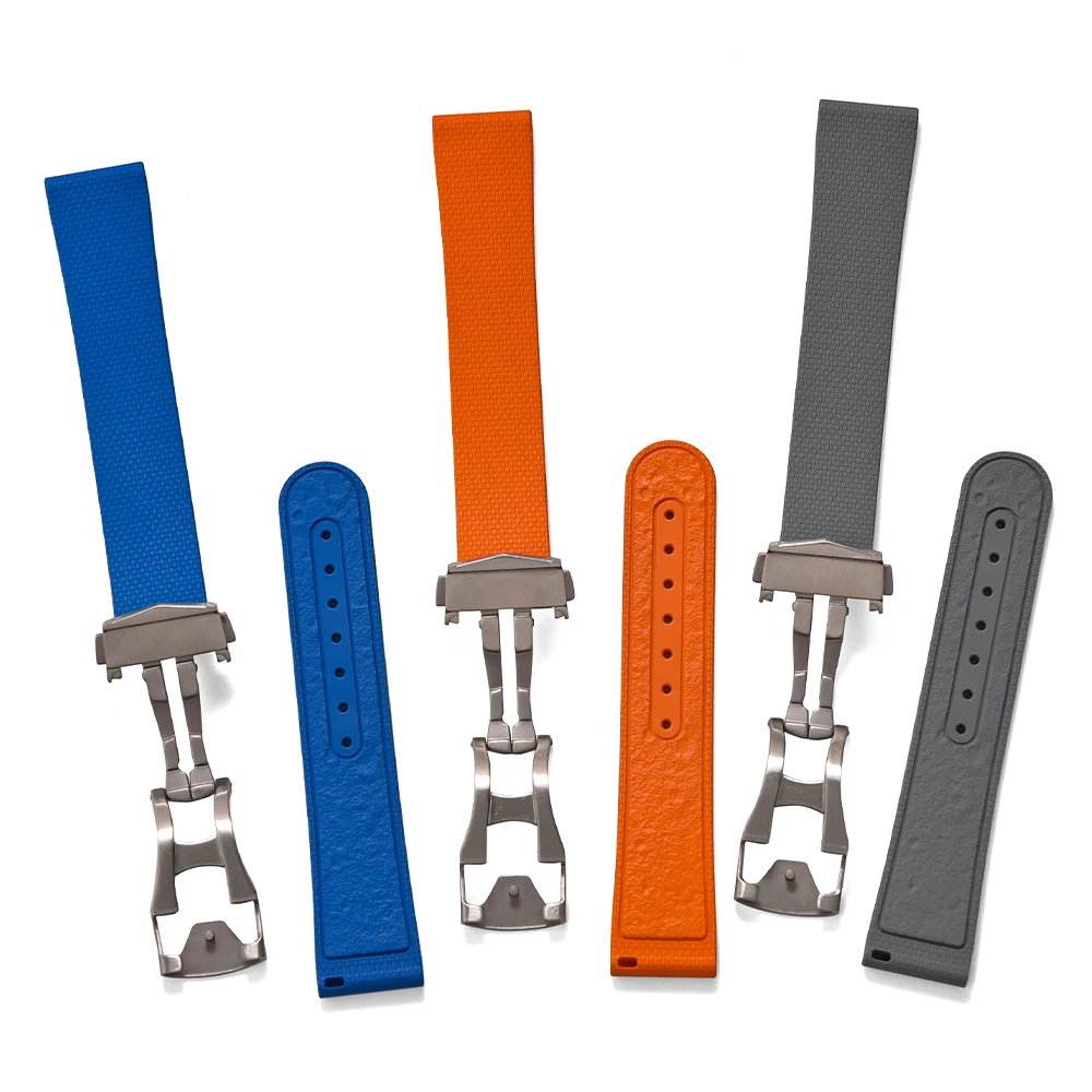 FKM Rubber Watch Strap 20mm Sailcloth Tecxture Band Deployment Buckle for Swatch Omega Seiko Soft Waterproof Replace Wristbands