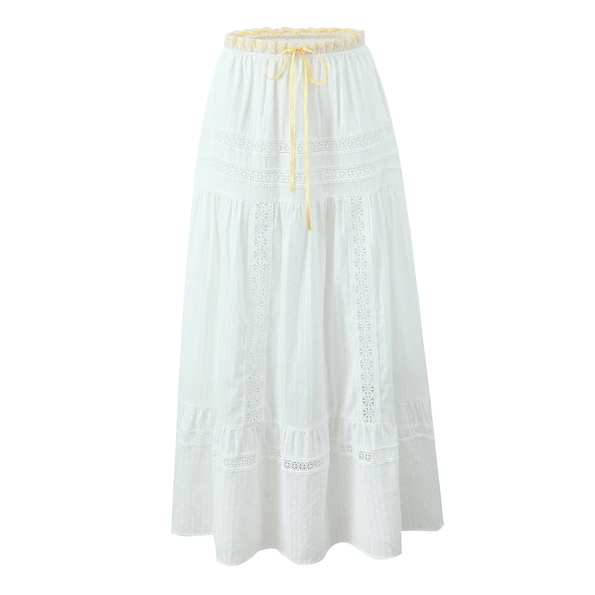 2025 White Spliced Lace Yellow Ribbon Bow Corset Tank Top + Sexy Women Elastic Waist A-line Midi Long Cake Skirt 2 Pieces 1 Set