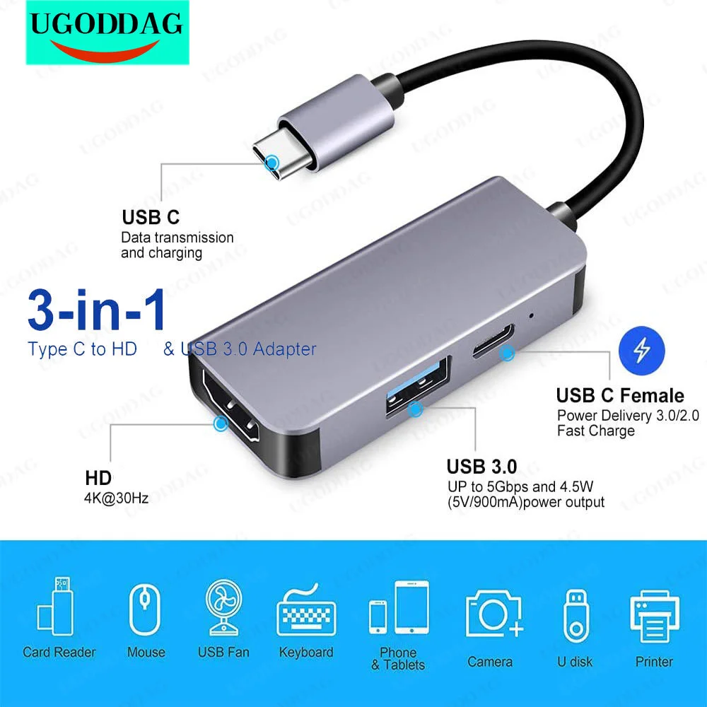 

Type C USB C Hub HDMI Adapter 4k HDMI USB 3.0 PD Fast Charging For Type C Laptops PC Surface Chromebook Flash Drive Mobile HDD