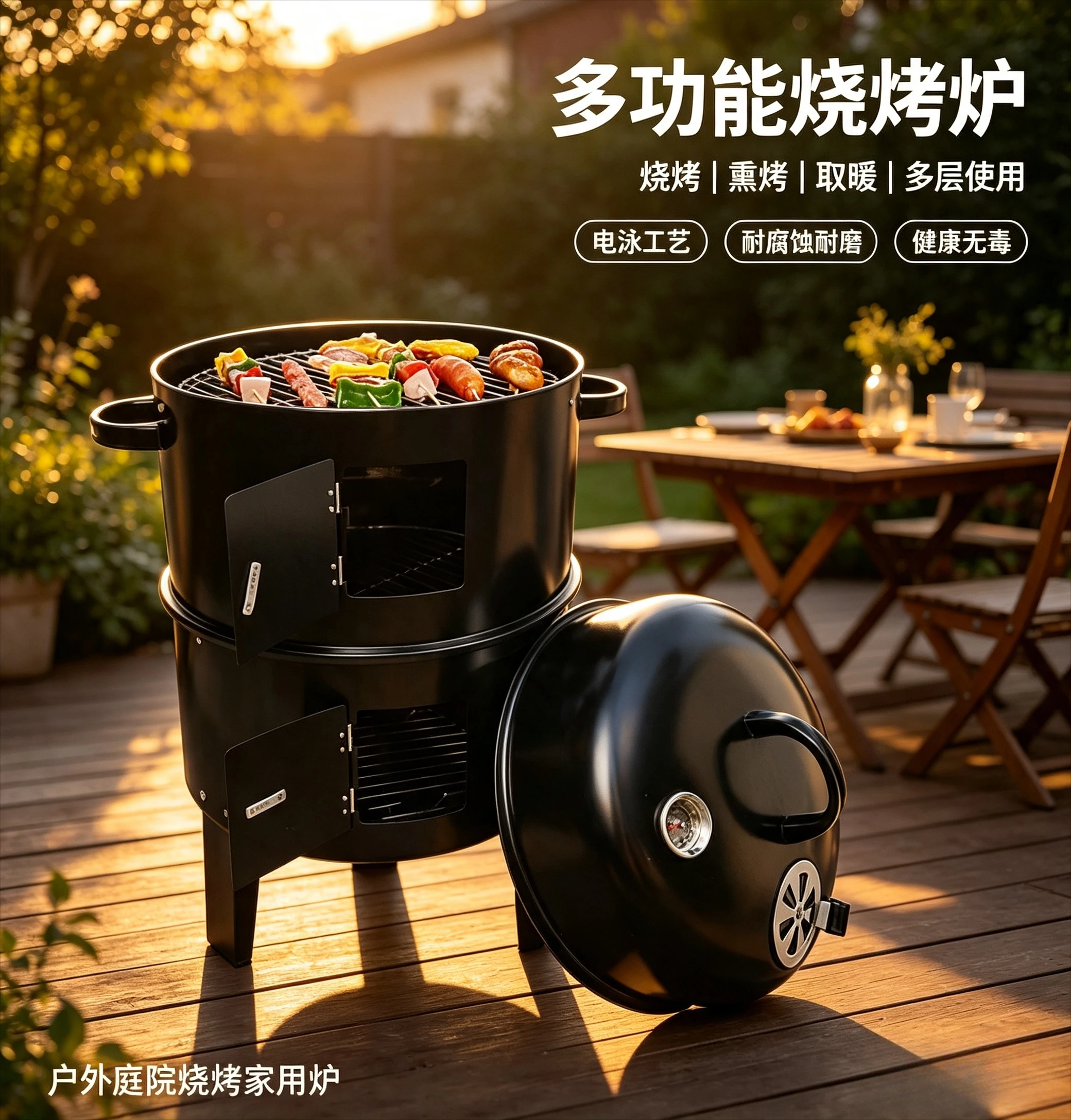 3 In 1 Outdoor Charcoal BBQ Smoker Grill, Vertical Barbecue Roaster With Built-in Cooking Thermometer