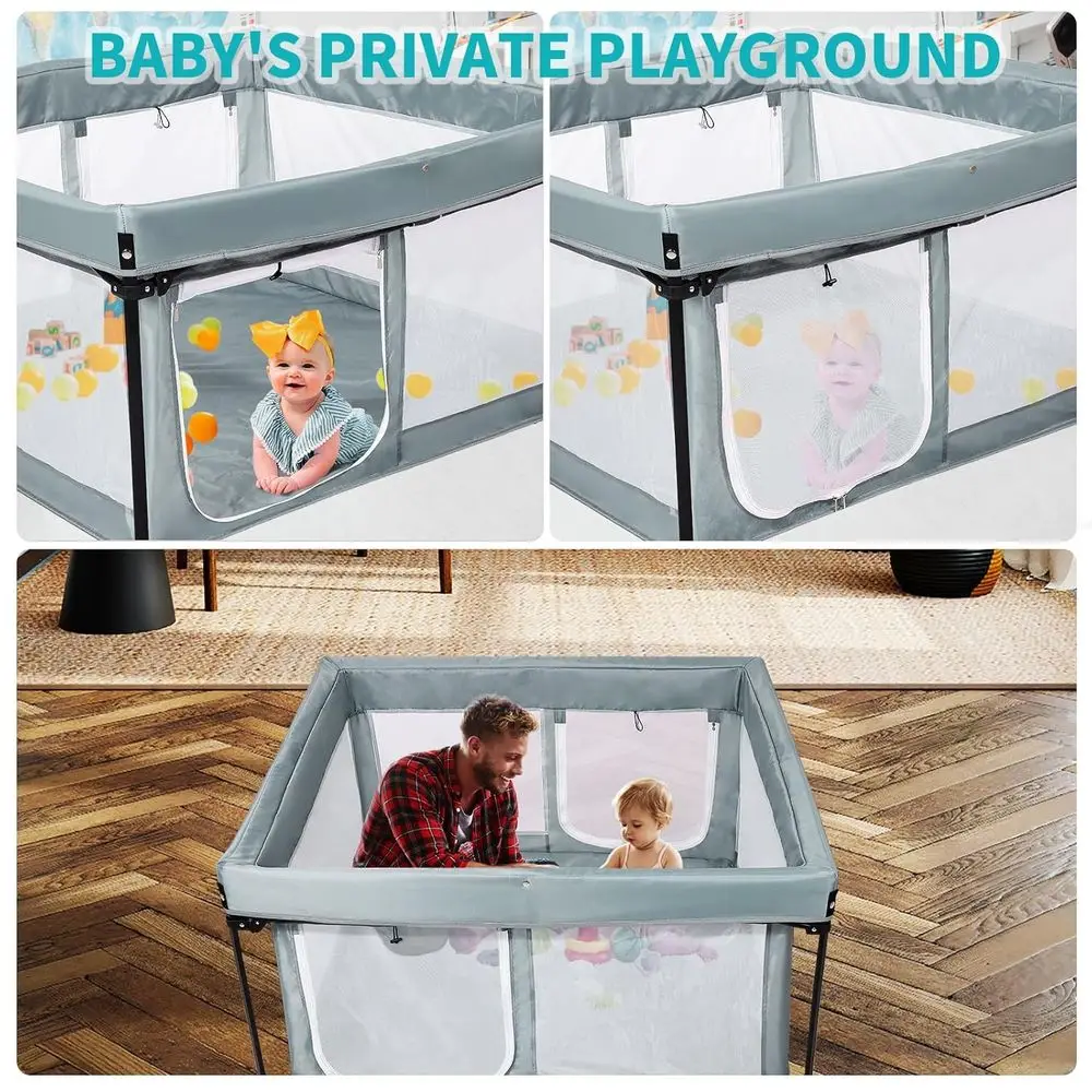 روضة أطفال قابلة للطي مع أرضية مبطنة، منطقة لعب خارجية وداخلية للأطفال (رمادي، 50 × 50 بوصة)