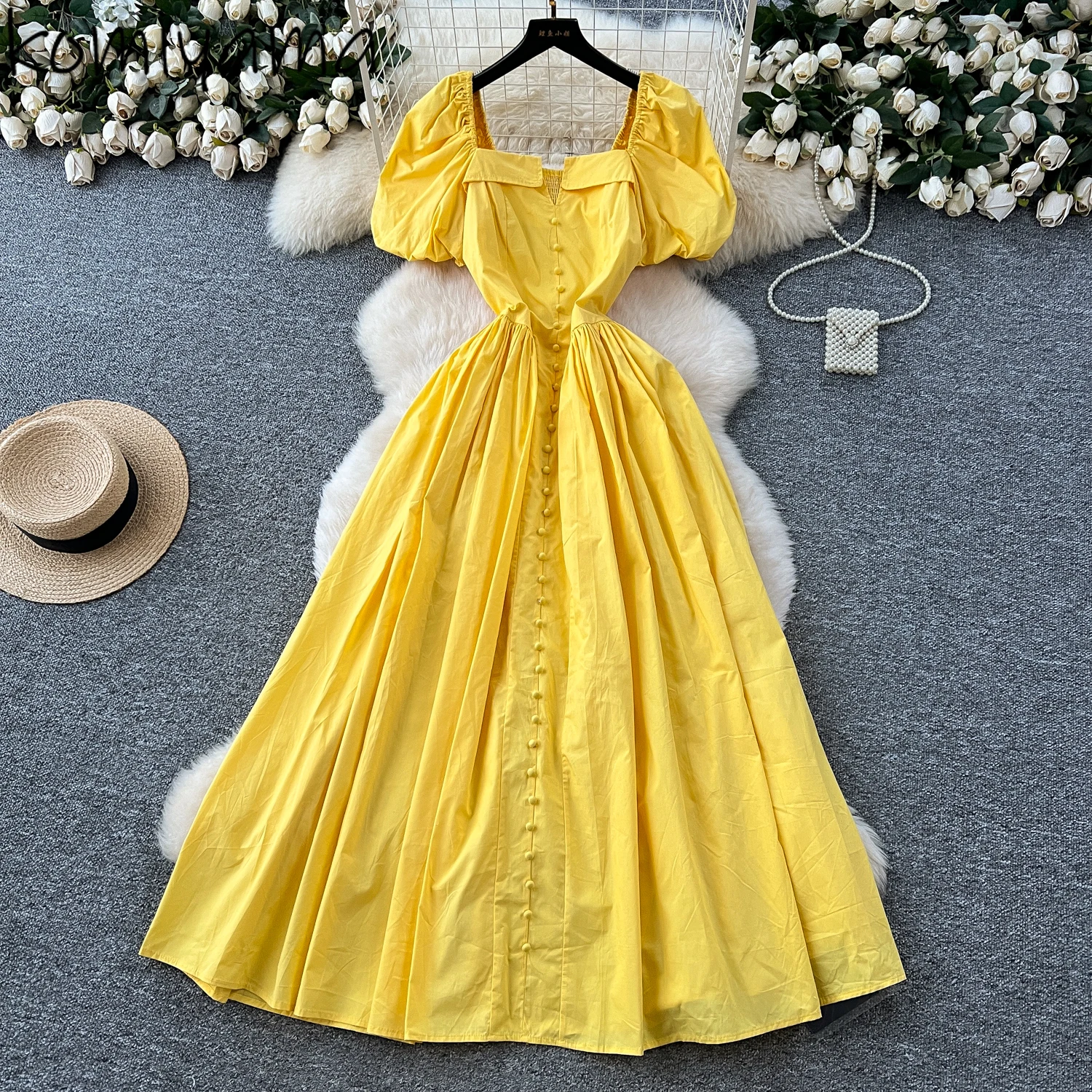 

Bubble Sleeve 2025 Vestidos Square Collar Dress Single Breasted Dresses Woman Summer New Robe Temperament Gentle Ropa De Mujer