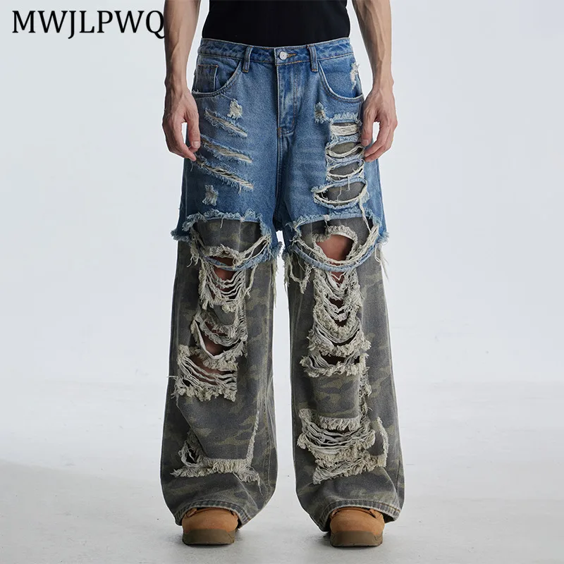 

MWJLPWQ Deconstructed Patchwork Fake Two-Piece Destroyed Jeans Men's Camouflage Street Style Unisex Loose Straight Pants 11628