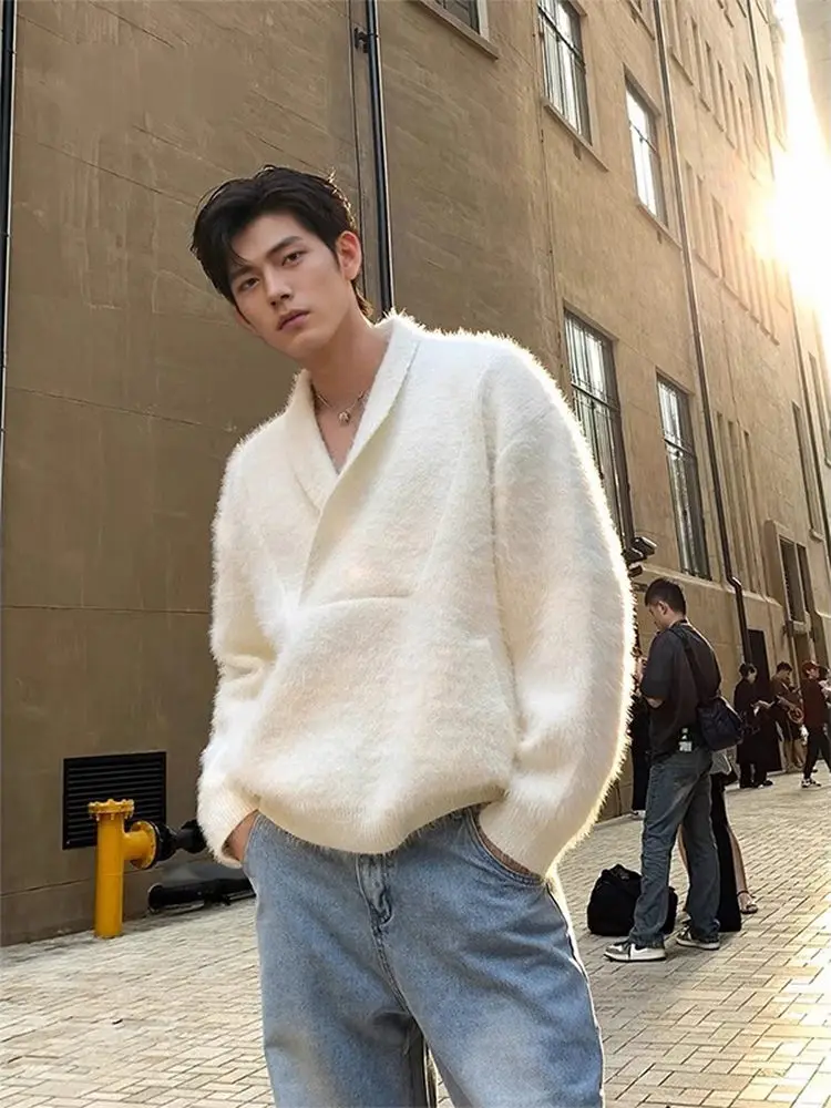 

Soft Cozy Men's Knitted Sweater Large V-ne Dra Warm Comfortable Faux Mink Velvet Loose Fit Pure Color Design Casual Wear