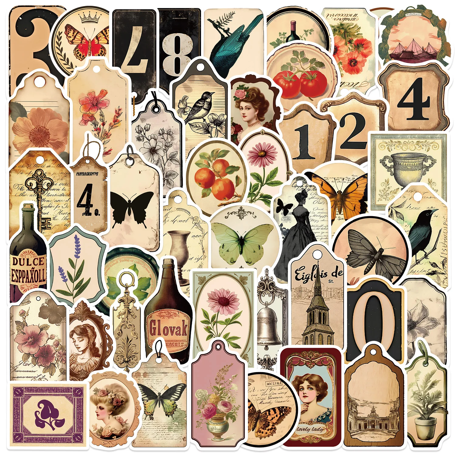 50 stks Retro Vlinder Bloem Stickers Decals Voor Telefoon Laptop Koffer Scrapbook Gitaar DIY Esthetische Stickers Creatieve Geschenken