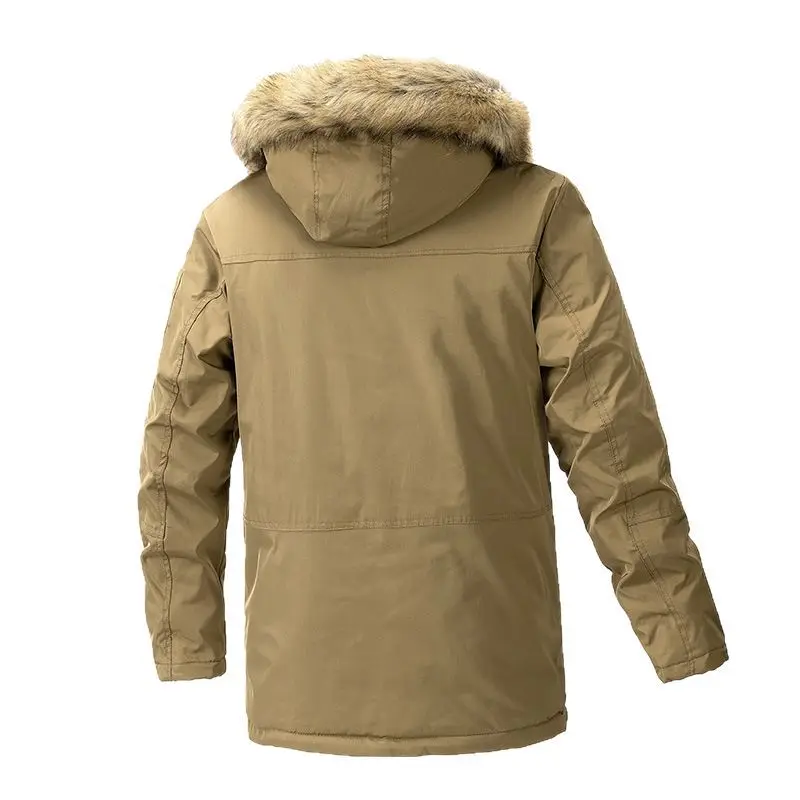Man Cargo Coat Winter Thicken Cold-proof Mid Length Male Outerwear Vintage Long Sleeve Pocket Zipper Hooded Men Down Jacket