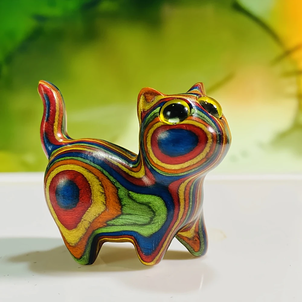 1 hand-carved colorful wooden kitten ornament - animal figurine decoration in ethnic style, a holiday gift for friends