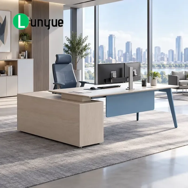 Modern L Shaped Executive Desk with Side Lockers Wooden CEO Manager Office Table for Contemporary Workspaces Durable Storage