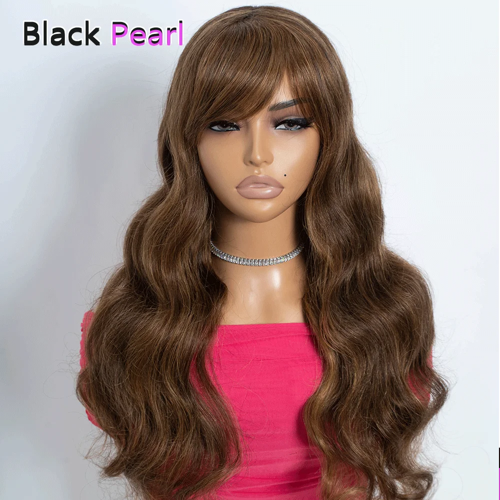 Top Trendy Brown Highlight Body Wave Wig with Bangs Best 180% Density Brazilian Remy 100% Human Hair Wigs With Bangs Natural Loo image 4