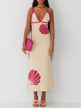 Vestido largo de punto para mujer, camisola de verano sin mangas con espalda abierta y cuello en V, vestidos con estampado de concha, ropa de los años 90, vestido largo ajustado elegante Vintage