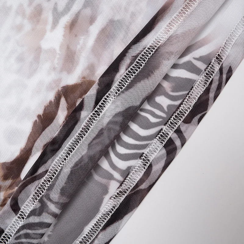 Damen Zweiteiliges Outfit: Mesh-Oberteil mit Langen Ärmeln + Hochgeschnittene Shorts mit Gemischtem Leoparden- und Zebramuster, Transparentes Nachtclub-Outfit – Detail 8