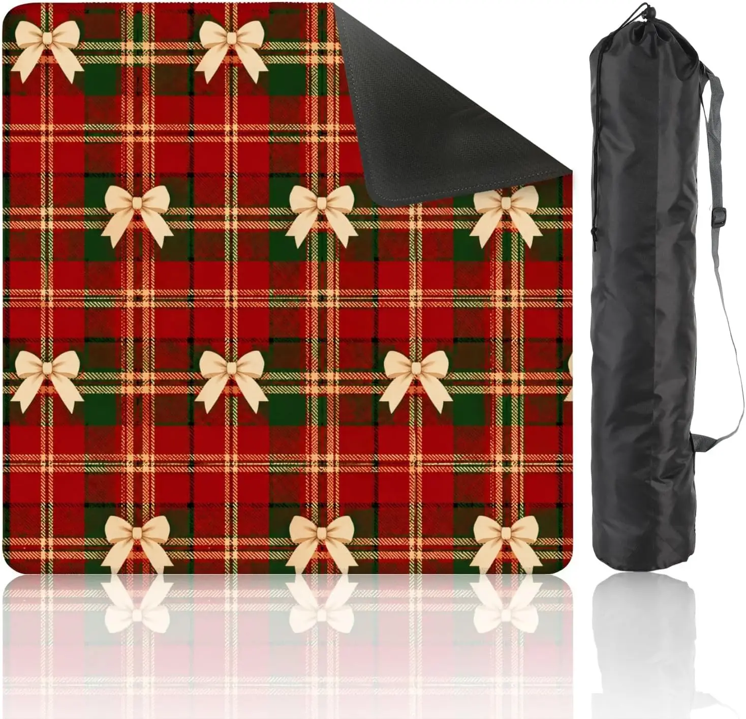 Christmas Red Green Plaid Beige Bows Mahjong Mat 31.5x31.5 Non Slip Noise Reduction Table Pad for Mahjong Poker Card Tile Board