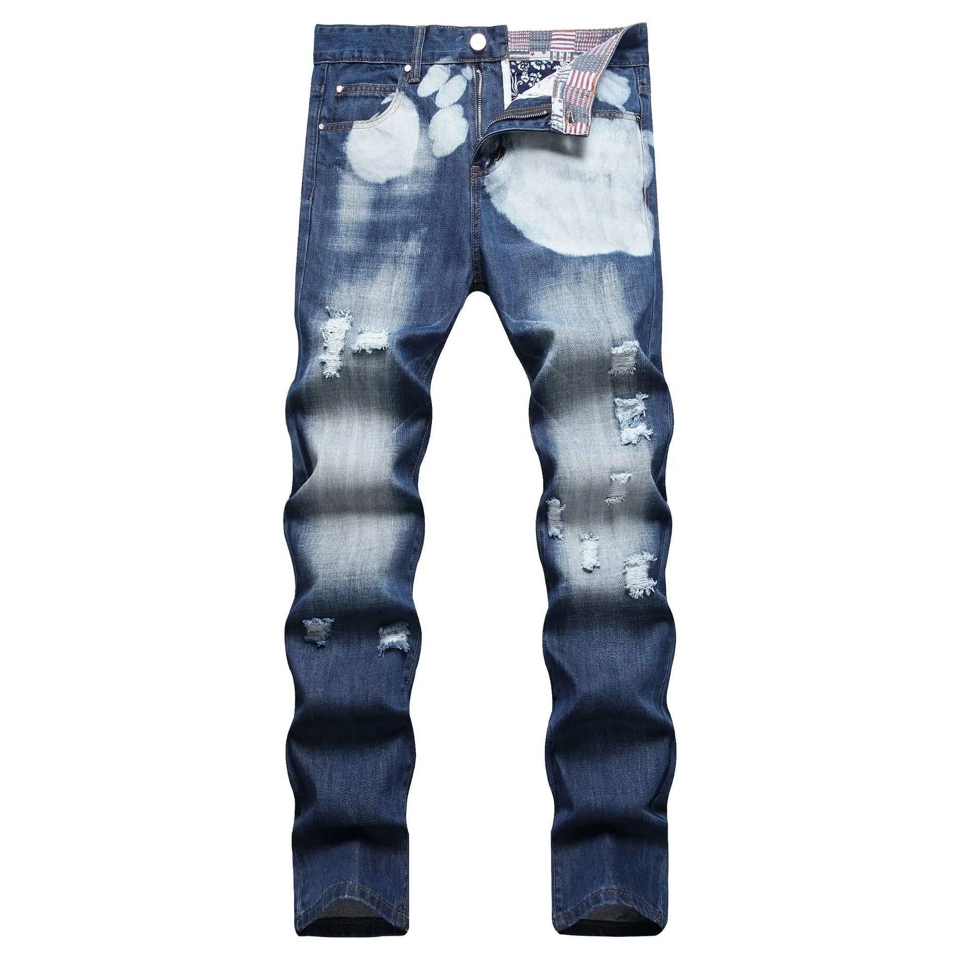 High street hipster little straight cat beard hand point monkey water hole new men's jeans trend