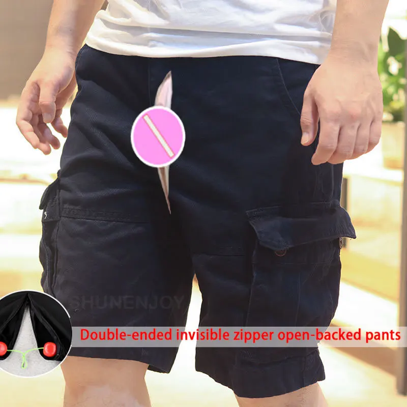 American Retro Invisible Open-Seat Pants Outdoor Sex Loose Casual Shorts Men's Multi-Pocket Sports Jeans Male Cargo Denim Pants