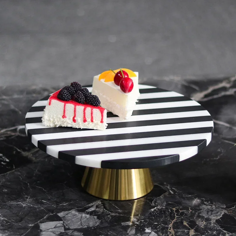 Marble Tray High Footboard Geometric Stripes Black Patchwork Circular Fruit Plate Desktop Storage Container Home Decoration