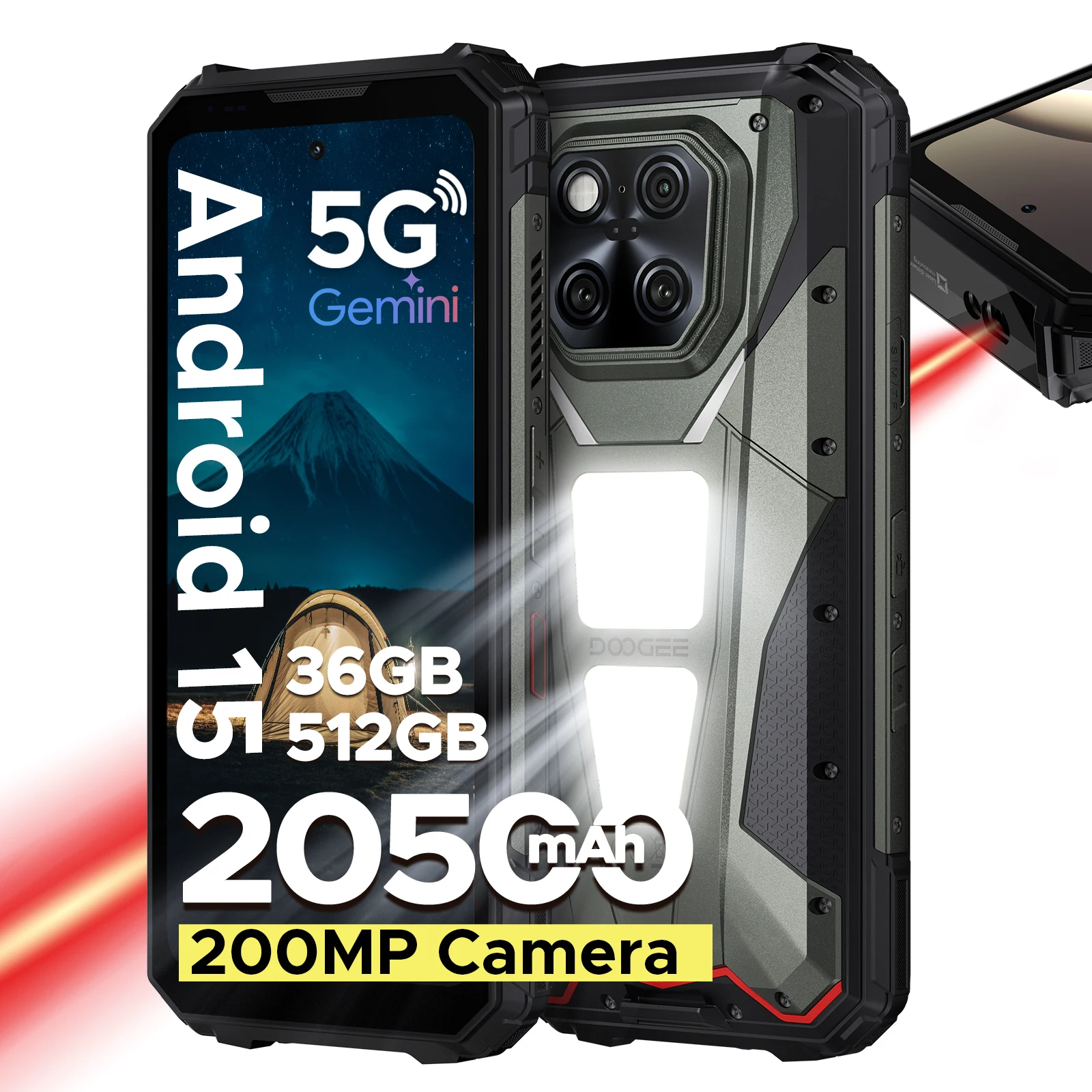 DOOGEE V Max LR 5G robuuste telefoon met dubbele campinglampen, 16 GB RAM, 512 GB ROM, 6,78 inch scherm, 200 MP camera, 20500 mAh batterij, smartphone.